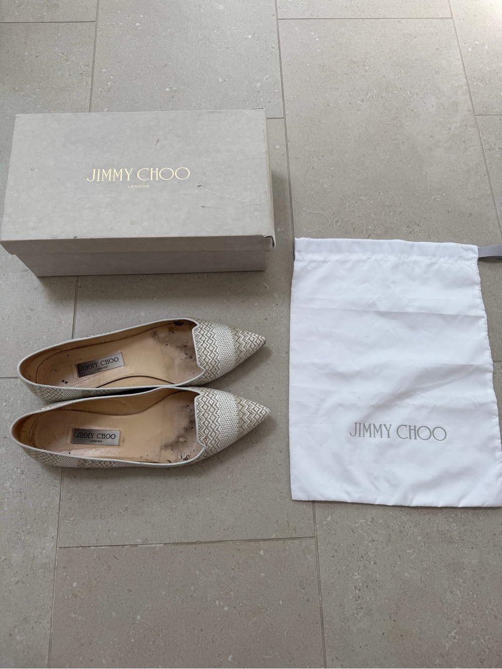 Jimmy Choo Cream Woven Pointed Toe Flats